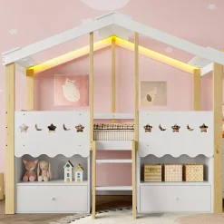Okwish Lit enfant 90x200 cm simple mi-hauteur avec cabane, tiroirs pratiques et éclairage LED, pin+MDF blanc et bois clair Hot