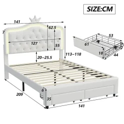 Generique lit enfant 140x200 cm,lit simple capitonné 140 x 200 avec tiroir,LED réglable,lit princesse avec couronne,PU,blanc