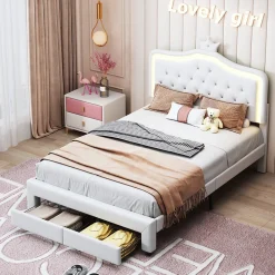 Generique lit enfant 140x200 cm,lit simple capitonné 140 x 200 avec tiroir,LED réglable,lit princesse avec couronne,PU,blanc