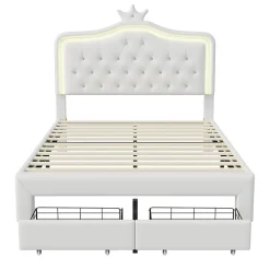 Generique lit enfant 140x200 cm,lit simple capitonné 140 x 200 avec tiroir,LED réglable,lit princesse avec couronne,PU,blanc