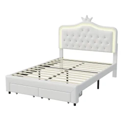Generique lit enfant 140x200 cm,lit simple capitonné 140 x 200 avec tiroir,LED réglable,lit princesse avec couronne,PU,blanc