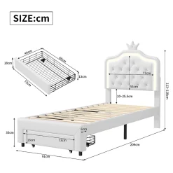 Generique lit enfant 90x200 cm,lit simple capitonné 90 x 200 avec tiroir,LED réglable,lit princesse avec couronne,PU,blanc Best