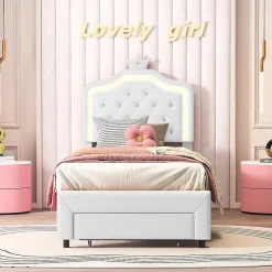 Generique lit enfant 90x200 cm,lit simple capitonné 90 x 200 avec tiroir,LED réglable,lit princesse avec couronne,PU,blanc Best