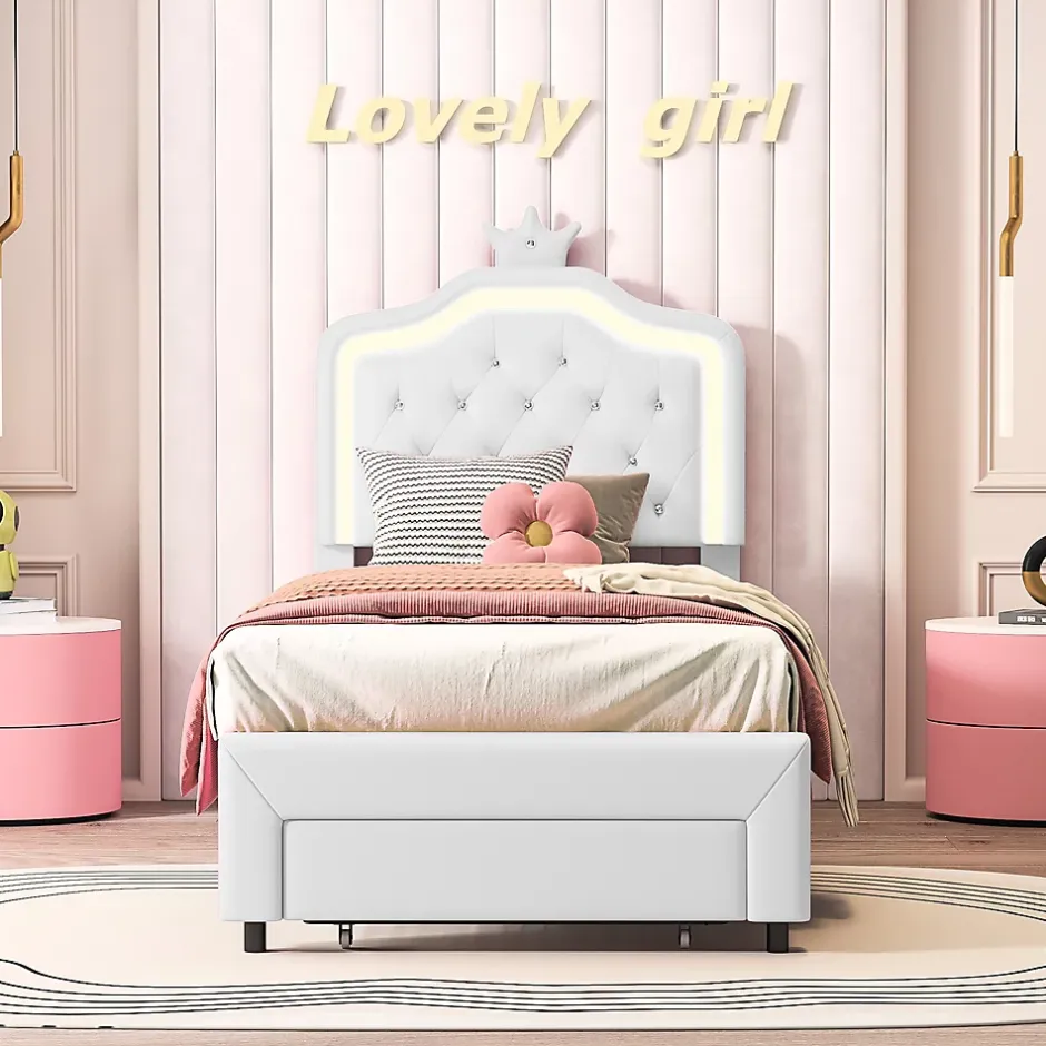 Generique lit enfant 90x200 cm,lit simple capitonné 90 x 200 avec tiroir,LED réglable,lit princesse avec couronne,PU,blanc Best