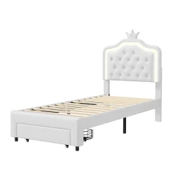 Generique lit enfant 90x200 cm,lit simple capitonné 90 x 200 avec tiroir,LED réglable,lit princesse avec couronne,PU,blanc Best