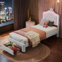 Generique lit enfant 90x200 cm,lit simple capitonné 90 x 200 avec tiroir,LED réglable,lit princesse avec couronne,PU,blanc Best