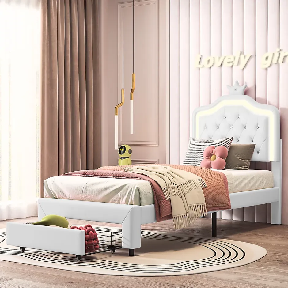 Generique lit enfant 90x200 cm,lit simple capitonné 90 x 200 avec tiroir,LED réglable,lit princesse avec couronne,PU,blanc Best