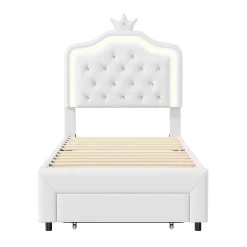 Generique lit enfant 90x200 cm,lit simple capitonné 90 x 200 avec tiroir,LED réglable,lit princesse avec couronne,PU,blanc Best