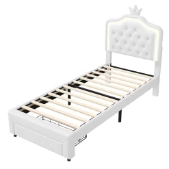 Generique lit enfant 90x200 cm,lit simple capitonné 90 x 200 avec tiroir,LED réglable,lit princesse avec couronne,PU,blanc Best