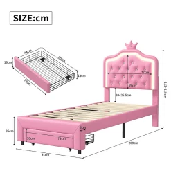 ProximaX lit enfant 90x200 cm,lit simple capitonné 90 x 200 avec tiroir,LED réglable,lit princesse avec couronne,PU,ROSE