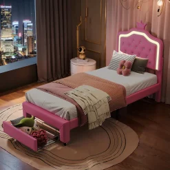 ProximaX lit enfant 90x200 cm,lit simple capitonné 90 x 200 avec tiroir,LED réglable,lit princesse avec couronne,PU,ROSE