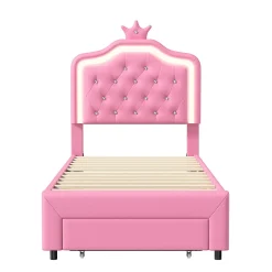ProximaX lit enfant 90x200 cm,lit simple capitonné 90 x 200 avec tiroir,LED réglable,lit princesse avec couronne,PU,ROSE