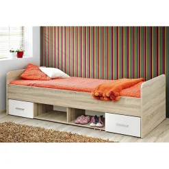 Meublorama Lit enfant 90x200 collection DENVER. coloris chene et blanc. Tiroirs inclus Discount