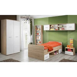 Meublorama Lit enfant 90x200 collection DENVER. coloris chene et blanc. Tiroirs inclus Discount