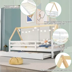 Seyakany Lit enfant 90x200 et 90x190cm, cadre en bois massif, lit simple avec roulettes et lit gigogne, forme maison, blanc+naturelle Best