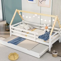 Seyakany Lit enfant 90x200 et 90x190cm, cadre en bois massif, lit simple avec roulettes et lit gigogne, forme maison, blanc+naturelle Best