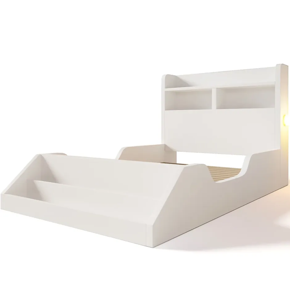 ModernLuxe Lit enfant 90x200cm - avec bibliothèque amovible - tête de lit avec étagère - avec veilleuse - Blanc (sans matelas) Hot