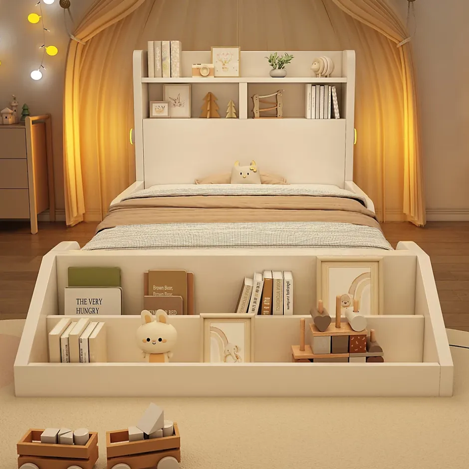 ModernLuxe Lit enfant 90x200cm - avec bibliothèque amovible - tête de lit avec étagère - avec veilleuse - Blanc (sans matelas) Hot