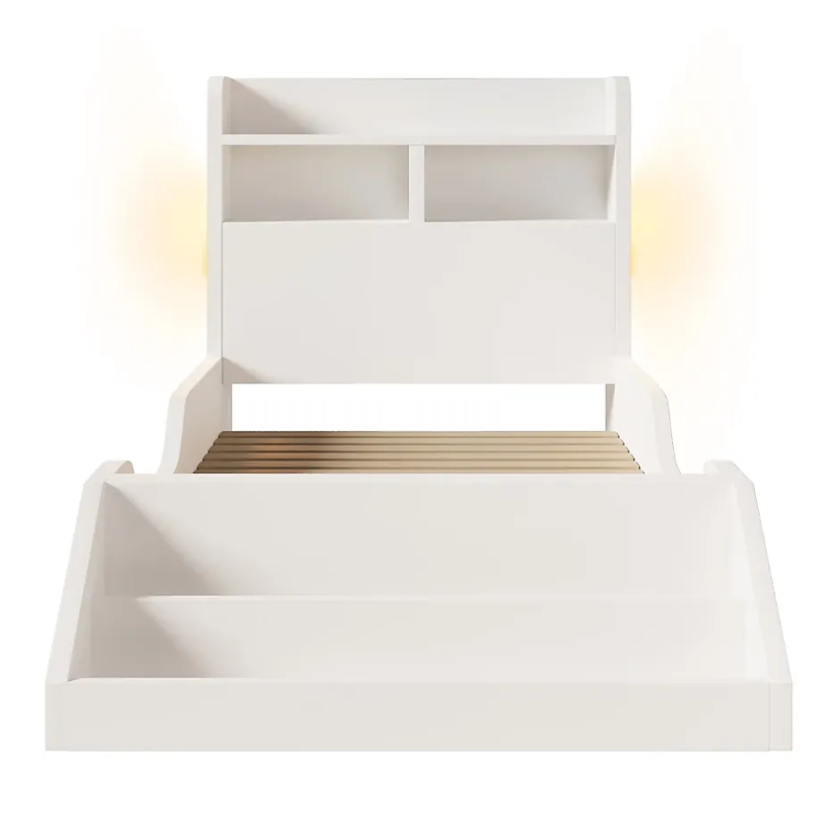 ModernLuxe Lit enfant 90x200cm - avec bibliothèque amovible - tête de lit avec étagère - avec veilleuse - Blanc (sans matelas) Hot