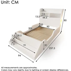 ModernLuxe Lit enfant 90x200cm - avec bibliothèque amovible - tête de lit avec étagère - avec veilleuse - Blanc (sans matelas) Hot