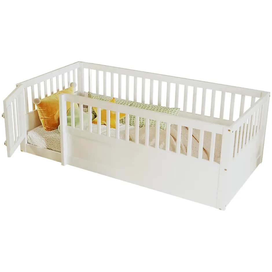 ModernLuxe Lit enfant 90x200cm - cadre en bois - barrières de sécurité - porte - blanc (sommier non inclus) Hot