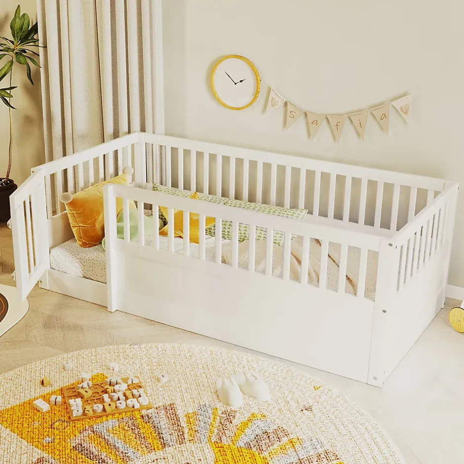 ModernLuxe Lit enfant 90x200cm - cadre en bois - barrières de sécurité - porte - blanc (sommier non inclus) Hot