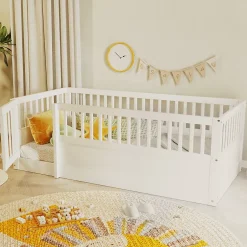 ModernLuxe Lit enfant 90x200cm - cadre en bois - barrières de sécurité - porte - blanc (sommier non inclus) Hot