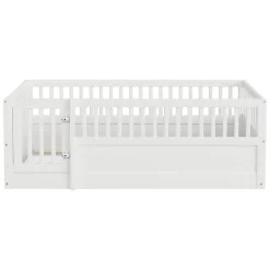 ModernLuxe Lit enfant 90x200cm - cadre en bois - barrières de sécurité - porte - blanc (sommier non inclus) Hot