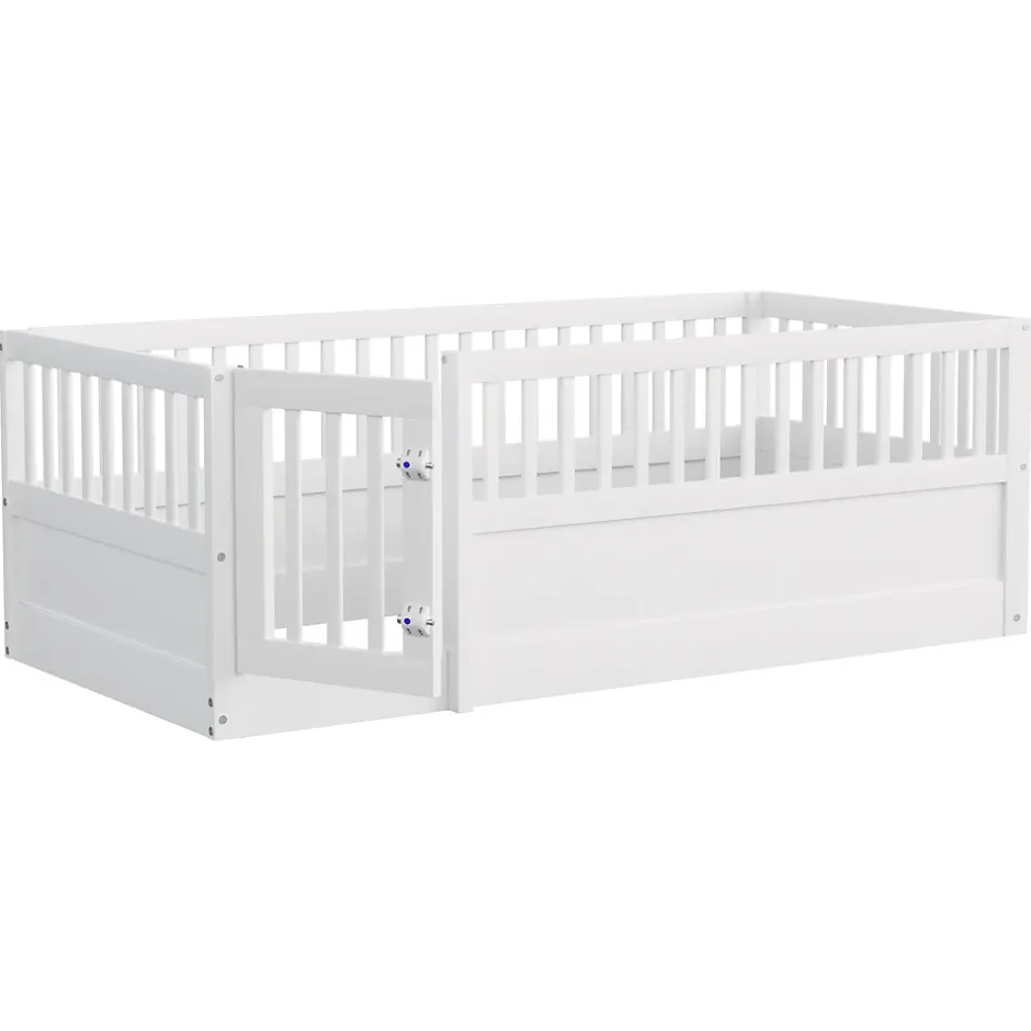 ModernLuxe Lit enfant 90x200cm - cadre en bois - barrières de sécurité - porte - blanc (sommier non inclus) Hot