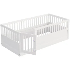 ModernLuxe Lit enfant 90x200cm - cadre en bois - barrières de sécurité - porte - blanc (sommier non inclus) Hot