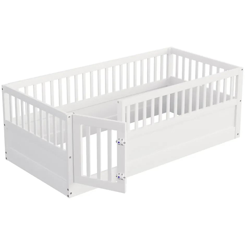 ModernLuxe Lit enfant 90x200cm - cadre en bois - barrières de sécurité - porte - blanc (sommier non inclus) Hot