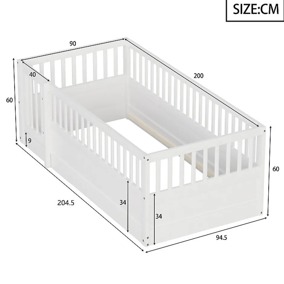 ModernLuxe Lit enfant 90x200cm - cadre en bois - barrières de sécurité - porte - blanc (sommier non inclus) Hot