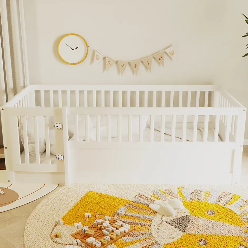 ModernLuxe Lit enfant 90x200cm - cadre en bois - barrières de sécurité - porte - blanc (sommier non inclus) Hot
