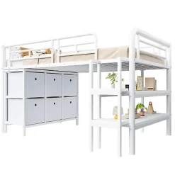 Enfant ModernLuxe Lit enfant 90x200cm - escalier - étagères - rangements - blanc (matelas non inclus)