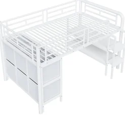 Enfant ModernLuxe Lit enfant 90x200cm - escalier - étagères - rangements - blanc (matelas non inclus)