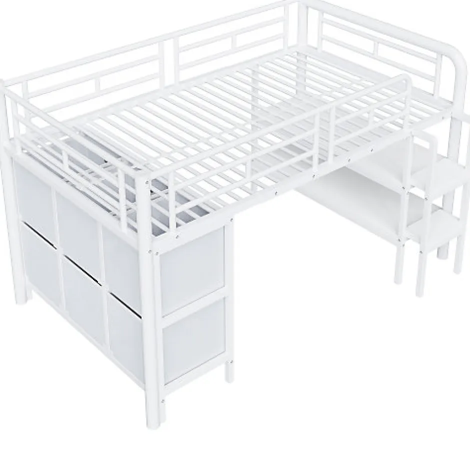 Enfant ModernLuxe Lit enfant 90x200cm - escalier - étagères - rangements - blanc (matelas non inclus)