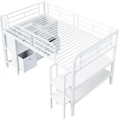 Enfant ModernLuxe Lit enfant 90x200cm - escalier - étagères - rangements - blanc (matelas non inclus)