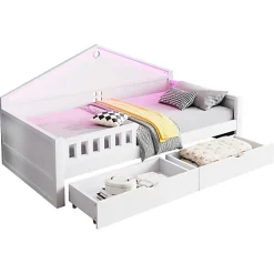 ModernLuxe Lit enfant 90x200cm - LED - 2 tiroirs - sommier à lattes - blanc (matelas non inclus) Sale