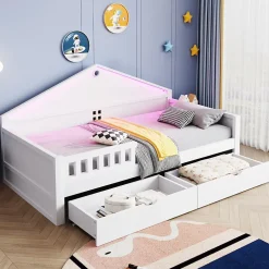 ModernLuxe Lit enfant 90x200cm - LED - 2 tiroirs - sommier à lattes - blanc (matelas non inclus) Sale