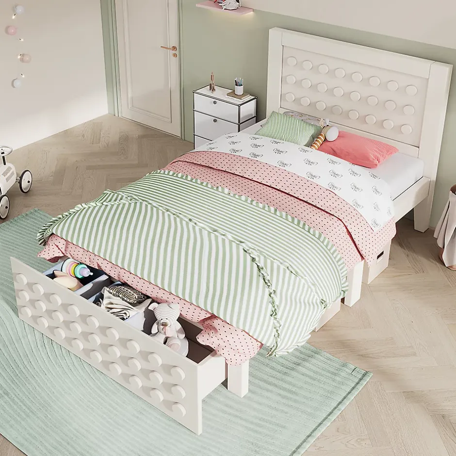 Blackcolors Lit enfant 90x190cm bois massif, rangement tiroirs, blanc, design blocs, sans matelas Hot