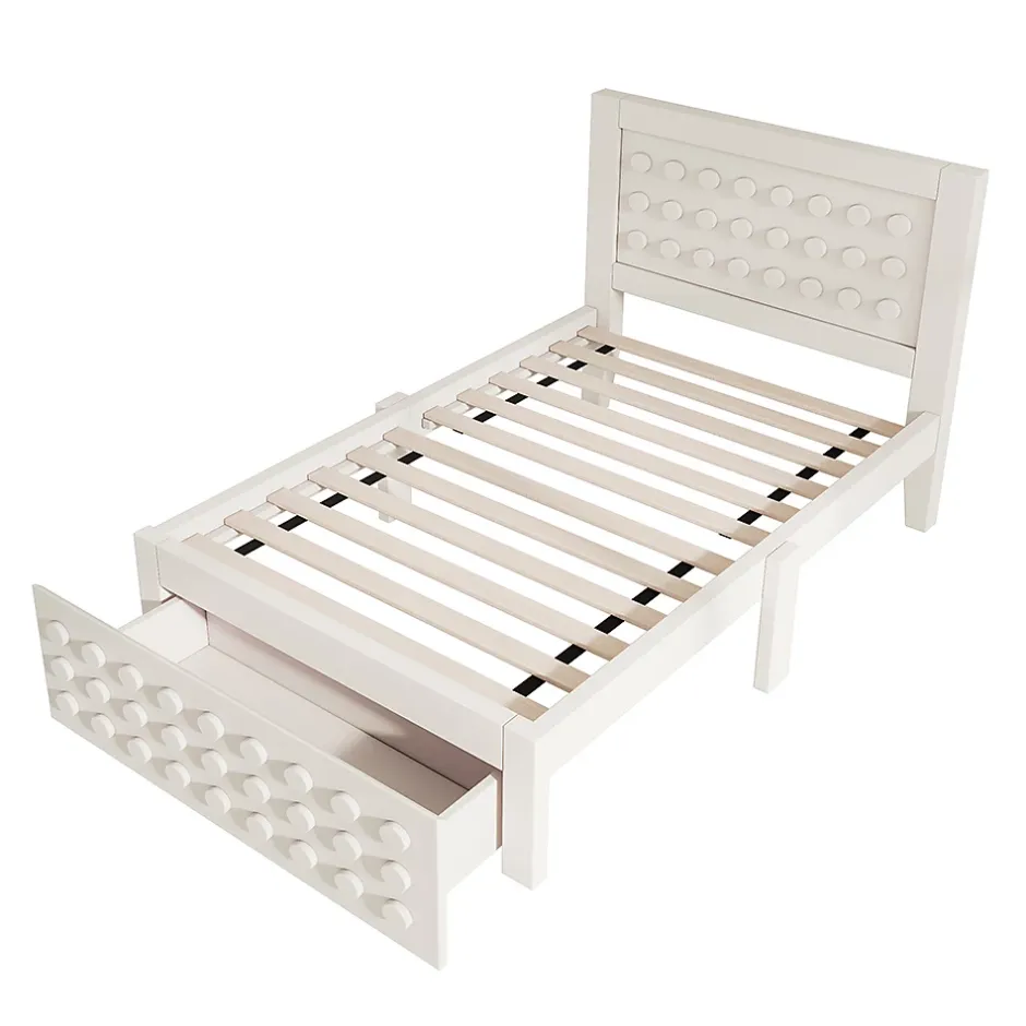 Blackcolors Lit enfant 90x190cm bois massif, rangement tiroirs, blanc, design blocs, sans matelas Hot
