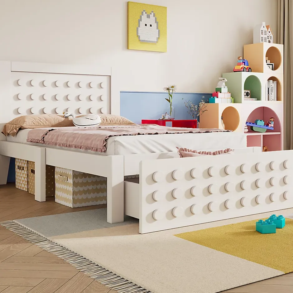 Blackcolors Lit enfant 90x190cm bois massif, rangement tiroirs, blanc, design blocs, sans matelas Hot