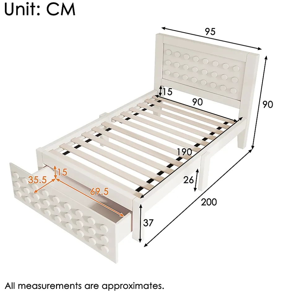Blackcolors Lit enfant 90x190cm bois massif, rangement tiroirs, blanc, design blocs, sans matelas Hot