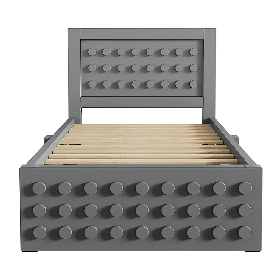 Blackcolors Lit enfant 90x200cm bois massif, rangement tiroirs, gris, design blocs, sans matelas