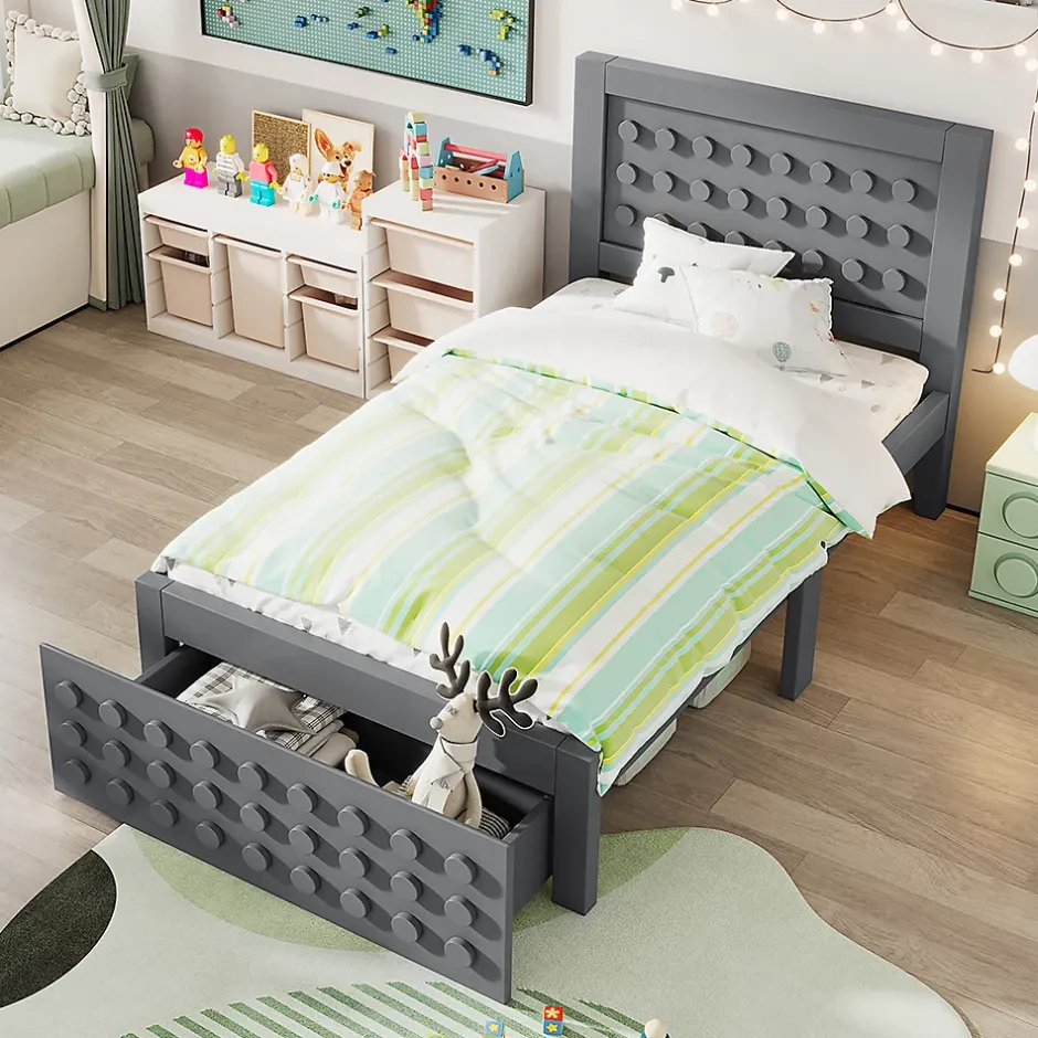 Blackcolors Lit enfant 90x200cm bois massif, rangement tiroirs, gris, design blocs, sans matelas