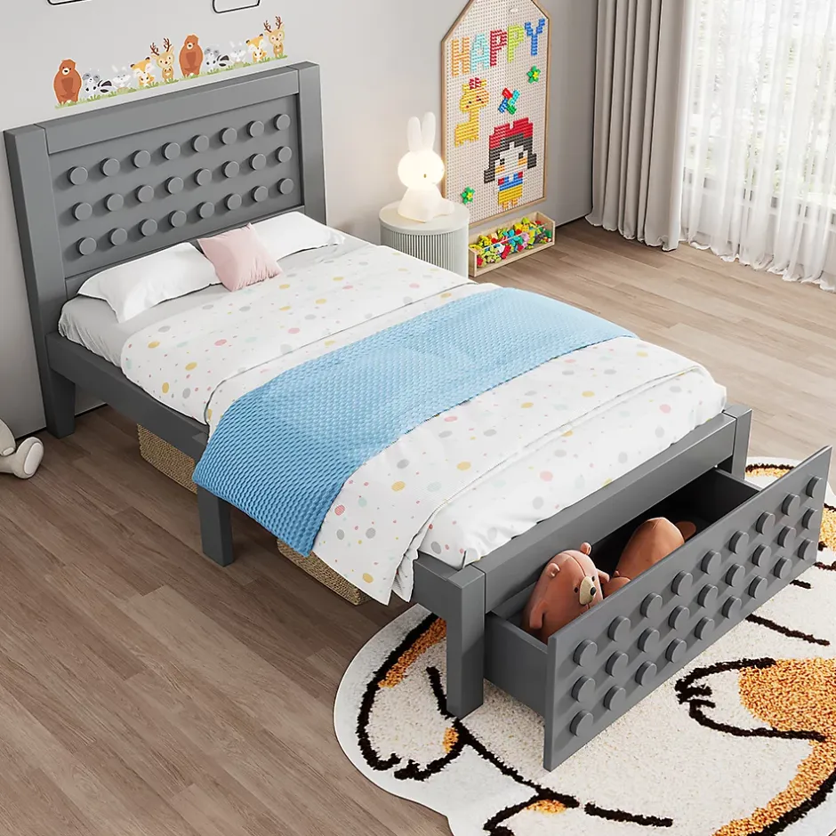 Blackcolors Lit enfant 90x200cm bois massif, rangement tiroirs, gris, design blocs, sans matelas