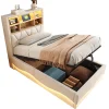 Blackcolors Lit enfant 90x200cm, LED app, USB, rangement hydraulique, lin beige