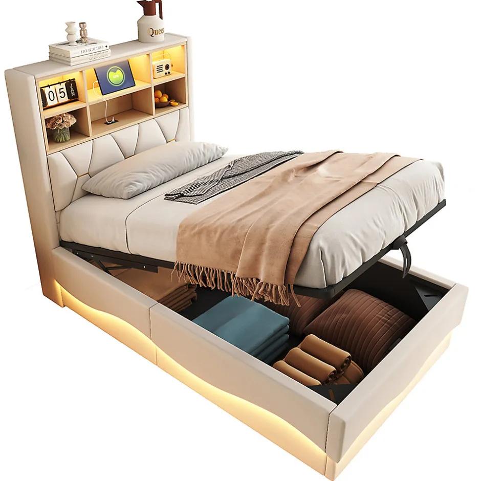 Blackcolors Lit enfant 90x200cm, LED app, USB, rangement hydraulique, lin beige
