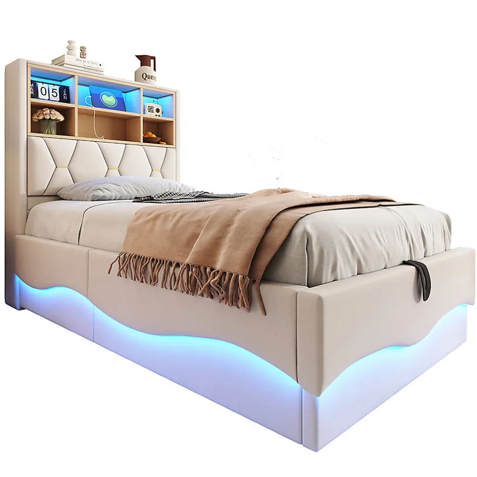 Blackcolors Lit enfant 90x200cm, LED app, USB, rangement hydraulique, lin beige