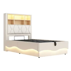 Blackcolors Lit enfant 90x200cm, LED app, USB, rangement hydraulique, lin beige